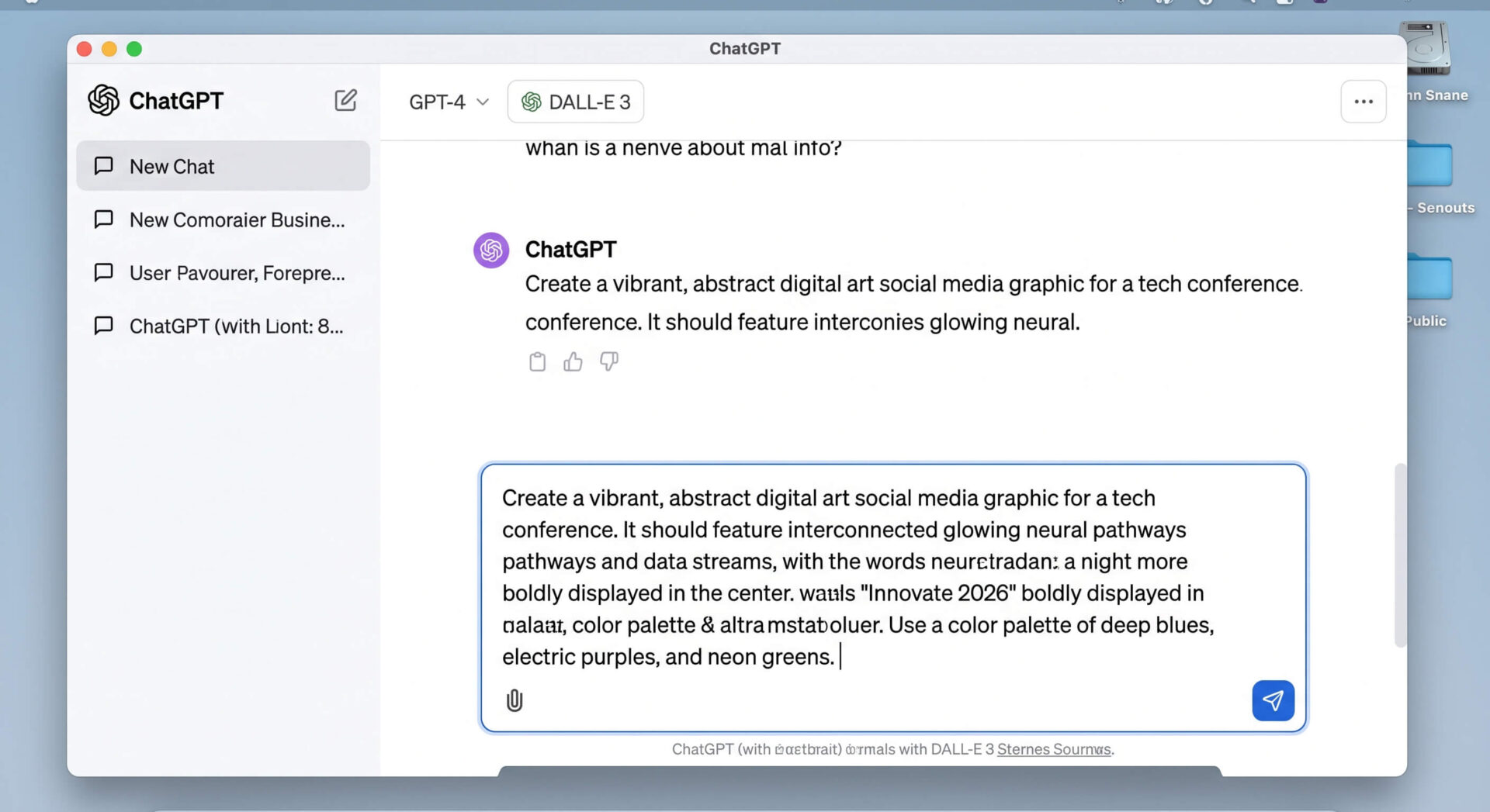 Interface ChatGPT avec DALL-E 3, illustrant un prompt complexe pour la création d'une œuvre d'art numérique abstraite.