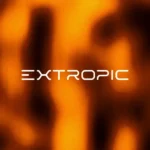 Logo Extropic AI sur fond orange. Intelligence artificielle inspirée du vivant.