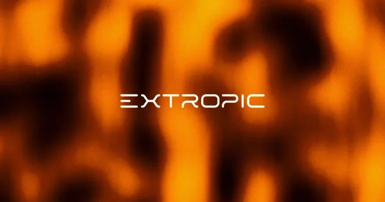 Logo Extropic AI sur fond orange. Intelligence artificielle inspirée du vivant.