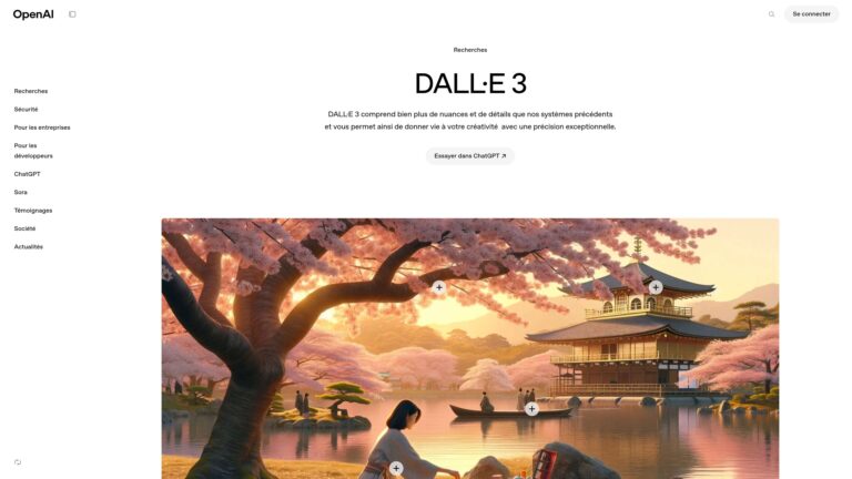 DALL-E 3: Image IA d'un paysage japonais avec cerisiers en fleurs, temple doré et personne au bord de l'eau. Créativité et précision.