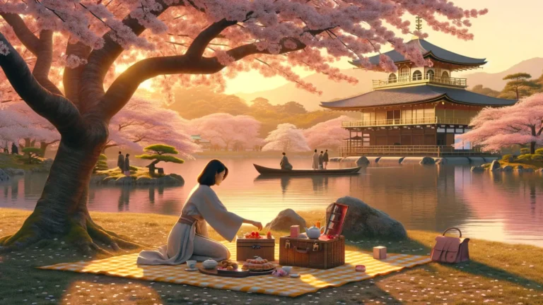 Femme en kimono pique-nique sous des cerisiers en fleurs près d'un temple japonais au lever du soleil, une création DALL-E 3.