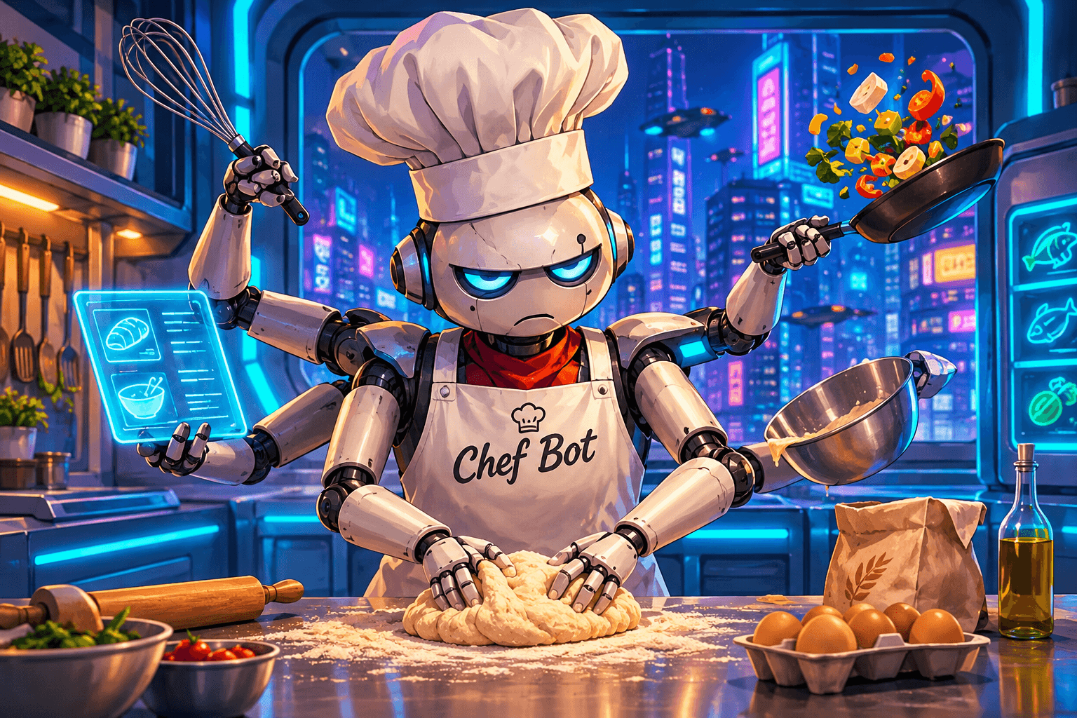 Robot chef futuriste multi-bras en cuisine, pétrissant de la pâte, consultant une tablette holographique, ville néon en fond.