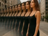 Clones IA vidéo YouTube. Femme dupliquée, concept d'intelligence artificielle et de vidéo en ligne.