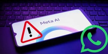 Meta AI et WhatsApp : Risques et conversations IA. Téléphone avec alerte et logo WhatsApp.