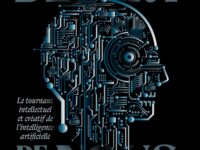 Visuel IA : visage humain formé de circuits électroniques bleus sur fond noir. Intelligence artificielle.