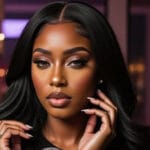 Portrait d'une femme noire élégante. Cheveux longs noirs, maquillage sophistiqué. Beauté, mode.