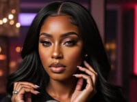 Portrait d'une femme noire élégante. Cheveux longs noirs, maquillage sophistiqué. Beauté, mode.