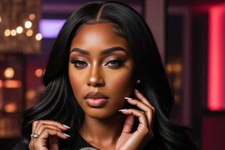 Portrait d'une femme noire élégante. Cheveux longs noirs, maquillage sophistiqué. Beauté, mode.