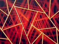 Abstrait IA : lignes rouges et triangles lumineux.