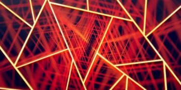 Abstrait IA : lignes rouges et triangles lumineux.