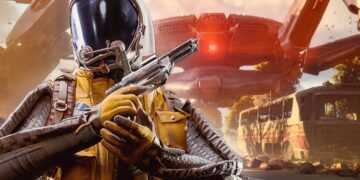 Arc Raiders: Video game character with weapon and robotic ship.