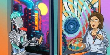 AI and Art: Robot artist creating a futuristic city, facing a human artist painting an abstract work. Creative evolution?