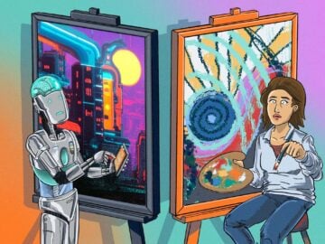 AI and Art: Robot artist creating a futuristic city, facing a human artist painting an abstract work. Creative evolution?