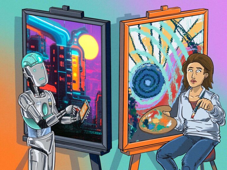 AI and Art: Robot artist creating a futuristic city, facing a human artist painting an abstract work. Creative evolution?