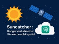 Suncatcher Google : Data centers IA alimentés par énergie solaire spatiale. Illustration soleil, satellite, cloud et puce cerveau.