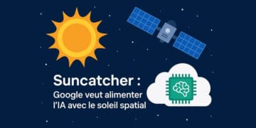 Suncatcher Google : Data centers IA alimentés par énergie solaire spatiale. Illustration soleil, satellite, cloud et puce cerveau.