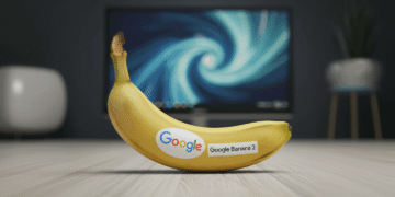 AI Google Nano Banana 2: banana with Google logo. Realistic AI image rendering.