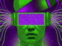 Illustration IA mensonge. Robot vert avec écran de données. Danger des intelligences artificielles bavardes.