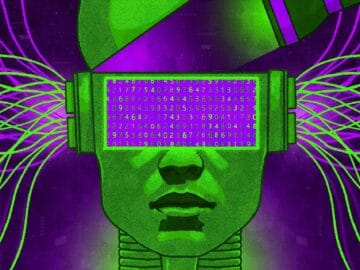 Illustration IA mensonge. Robot vert avec écran de données. Danger des intelligences artificielles bavardes.