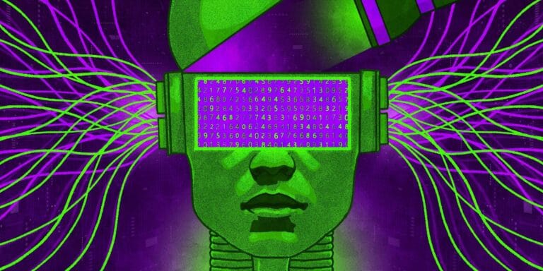 Illustration IA mensonge. Robot vert avec écran de données. Danger des intelligences artificielles bavardes.