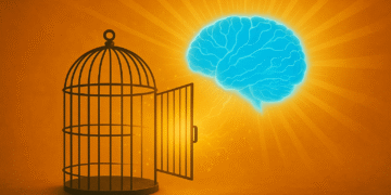 Jailbreaker AI: Luminous brain escaping from an open cage. AI game for hackers.