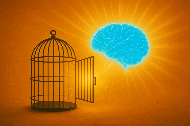 Jailbreaker AI: Luminous brain escaping from an open cage. AI game for hackers.