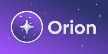 Logo for Orion, an anti-IA web browser offering an alternative to Chrome and Firefox. Sleek design on a purple starry background.