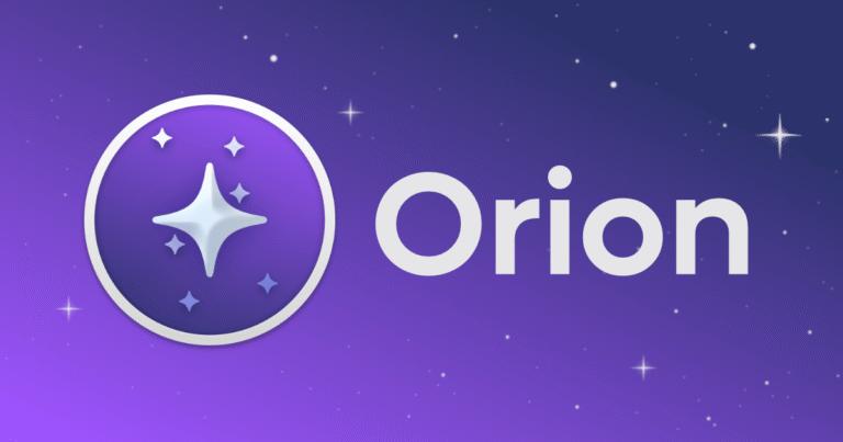 Logo d'Orion, un navigateur web anti-IA qui offre une alternative à Chrome et Firefox. Design épuré sur fond étoilé violet.