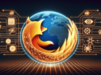 Firefox and AI: Mozilla Firefox logo stylized with artificial intelligence. Web browser of the future?