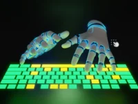 Sécuriser les clés API LLM en JavaScript: Mains robotiques interagissant avec un clavier lumineux. Déploiement IA côté client.