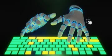 Securing LLM API keys in JavaScript: Robotic hands interacting with a luminous keyboard. Client-side AI deployment.