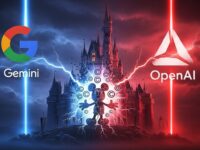 Disney attaque Google, s'allie à OpenAI. Image de Mickey Mouse, château Disney, logos Google Gemini et OpenAI. Violations de copyright IA.