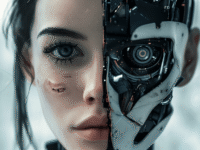 Female AI face: half human, half robotic. Illustration of the trust vs. manipulation of artificial intelligence debate.