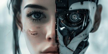 Female AI face: half human, half robotic. Illustration of the trust vs. manipulation of artificial intelligence debate.