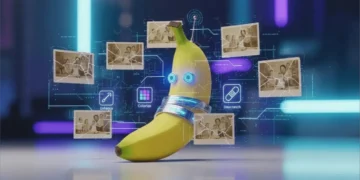 Nano Banana Pro Google : IA et crédibilité des photos. Banane futuriste avec outils d'amélioration photo. Gemini Nano menace l'authenticité.