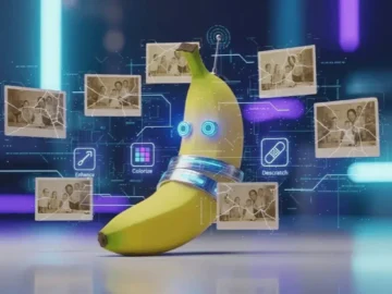 Nano Banana Pro Google : IA et crédibilité des photos. Banane futuriste avec outils d'amélioration photo. Gemini Nano menace l'authenticité.