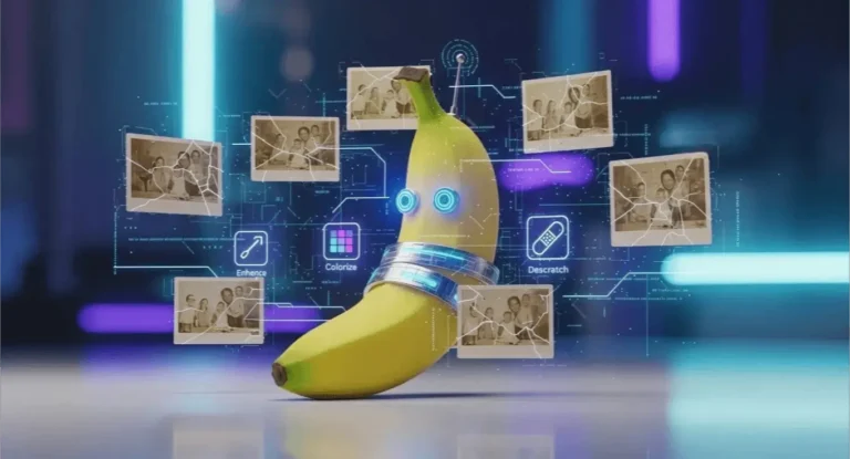 Nano Banana Pro Google : IA et crédibilité des photos. Banane futuriste avec outils d'amélioration photo. Gemini Nano menace l'authenticité.
