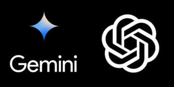 Logo Google Gemini contre logo OpenAI ChatGPT. Compétition IA.
