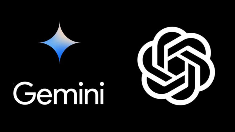 Logo Google Gemini contre logo OpenAI ChatGPT. Compétition IA.