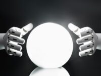 Prédictions IA Google: Mains robotiques tenant une sphère lumineuse. Vision futuriste de Larry Page sur l'IA.