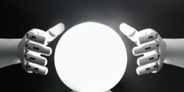 Prédictions IA Google: Mains robotiques tenant une sphère lumineuse. Vision futuriste de Larry Page sur l'IA.