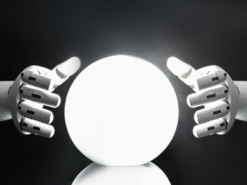 Prédictions IA Google: Mains robotiques tenant une sphère lumineuse. Vision futuriste de Larry Page sur l'IA.