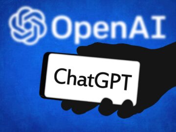 Image of ChatGPT on a phone, OpenAI logo in background. AI image generation, competition with Google.