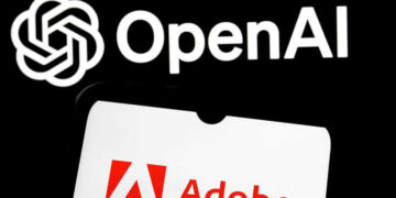 Photoshop intégré à ChatGPT: Icônes d'OpenAI et Adobe, représentant la collaboration pour une "Super-App".