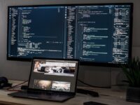 Écran affichant du code de programmation et un MacBook Pro avec une page web. Symbolise le développement de l'IA, du code Morse à ChatGPT.