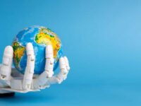 IA et World Models: Main robotique tenant un globe terrestre. Futur de l'intelligence artificielle.