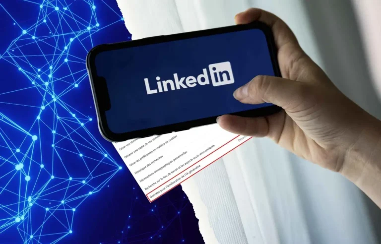 Main tenant un smartphone avec logo LinkedIn, sur fond de réseau IA. Un menu affiche "Données pour l'amélioration de l'IA générative".