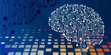 Cerveau numérique en circuits électroniques sur fond bleu, symbolisant l'IA et la boucle agentique de l'agent IA.