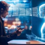 Illustration de l'IA sauvage au travail : homme échangeant des données avec une IA, risque de fuite de données en entreprise.