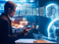 Illustration de l'IA sauvage au travail : homme échangeant des données avec une IA, risque de fuite de données en entreprise.